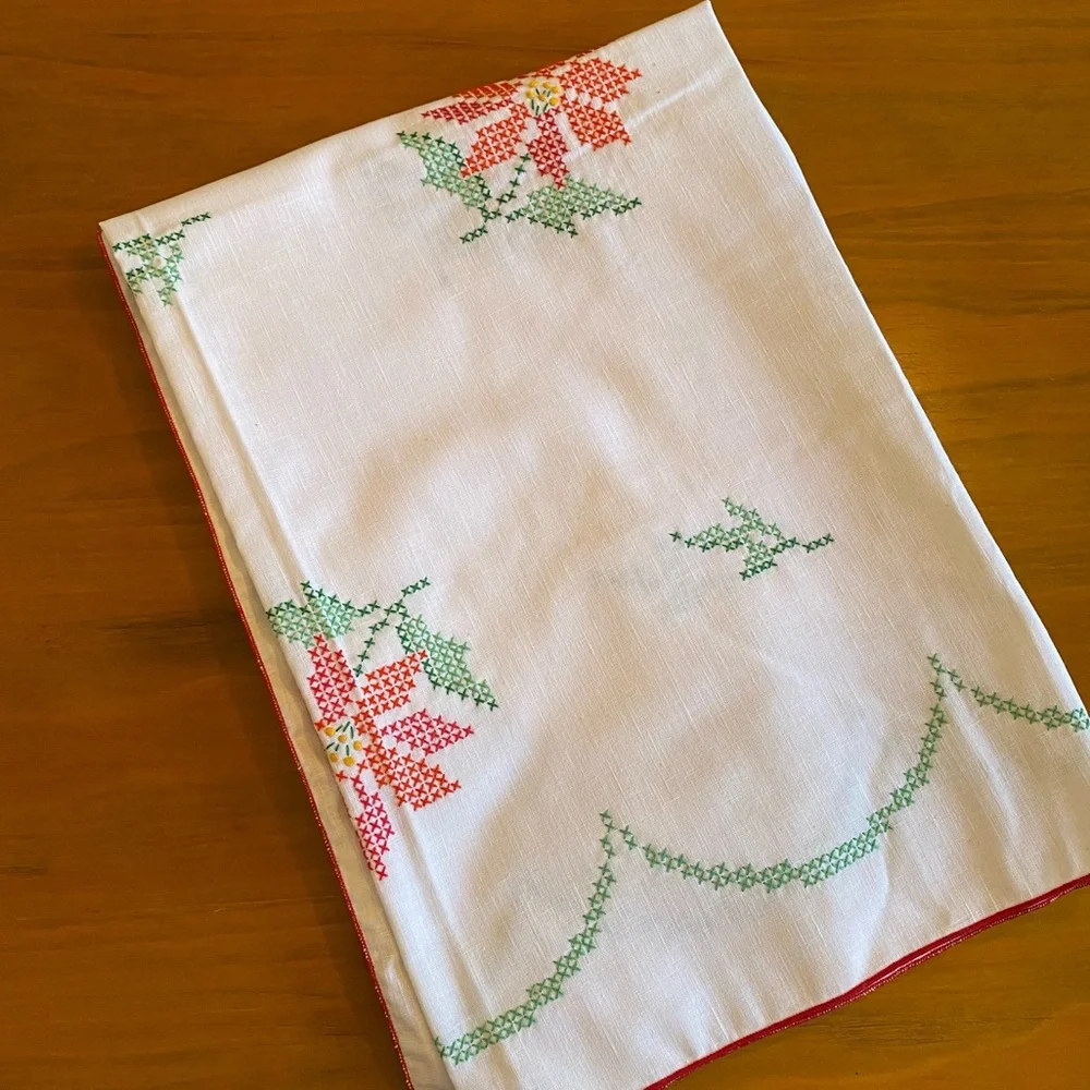 Vintage‎ Cross Stitched Christmas Poinsettia Linen Tablecloth 69x50